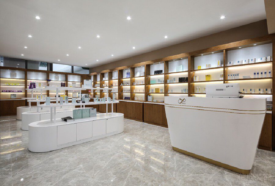 大理石花色地板產品展示區(qū)域裝修設計收銀前臺區(qū)域效果圖