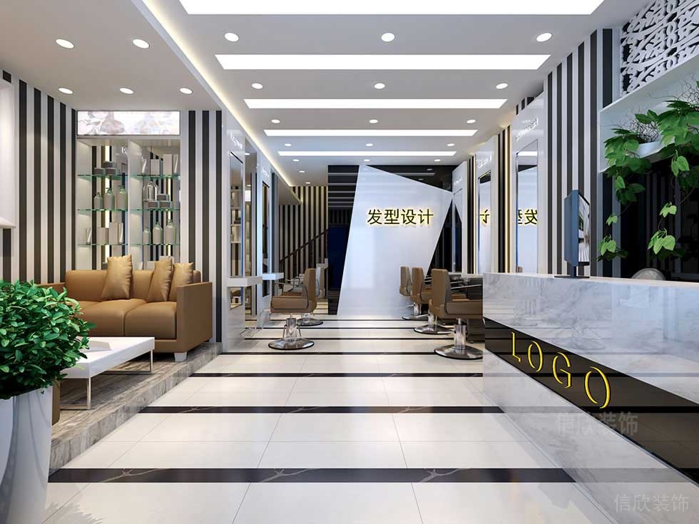 大理石黑白色調(diào)發(fā)型設計效果圖條紋墻體裝修店鋪