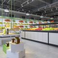 水果售賣區(qū)域超市裝修效果圖天花吊頂秋千室產(chǎn)品展示區(qū)黑白色調工業(yè)風射燈裝修效果