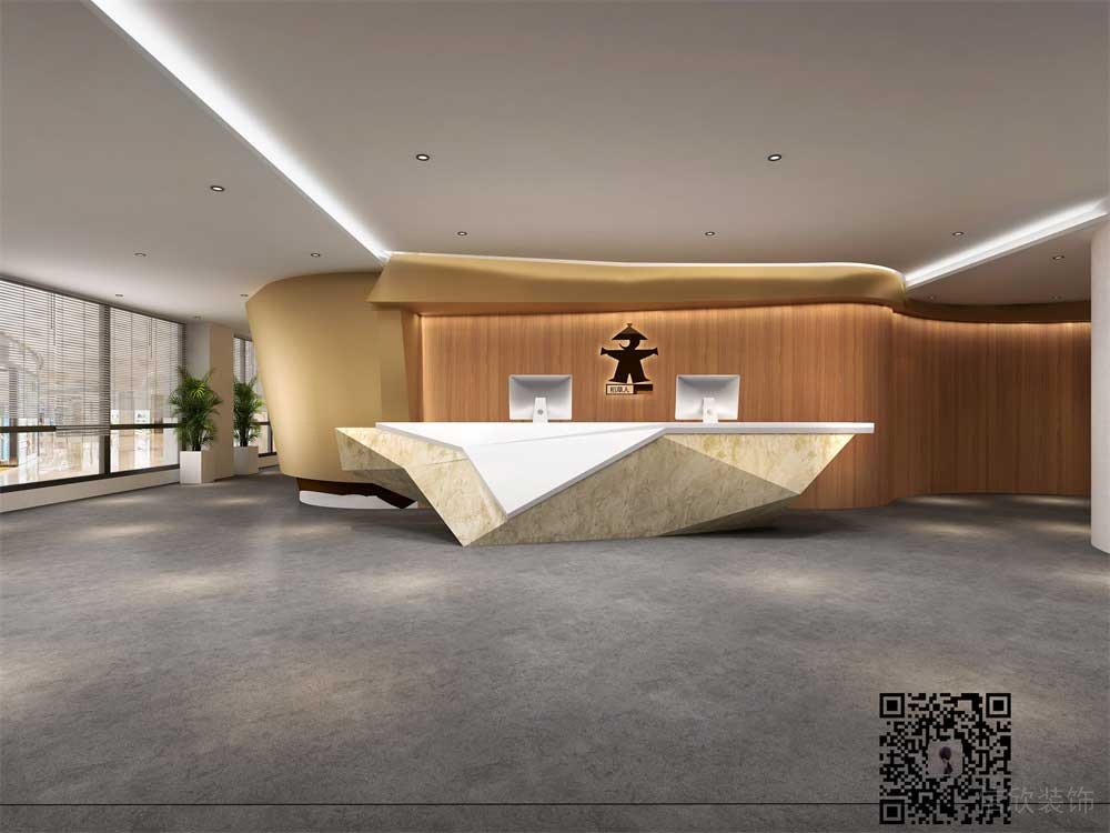 前臺區(qū)不規(guī)則幾何造型接待臺現(xiàn)代木質形象背景版裝修效果