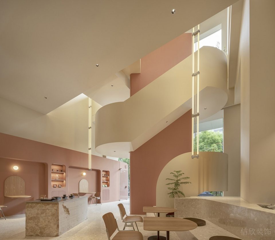 深圳羅湖新2000廣場(chǎng)極簡風(fēng)格甜品咖啡館裝修案例弧形樓梯效果圖