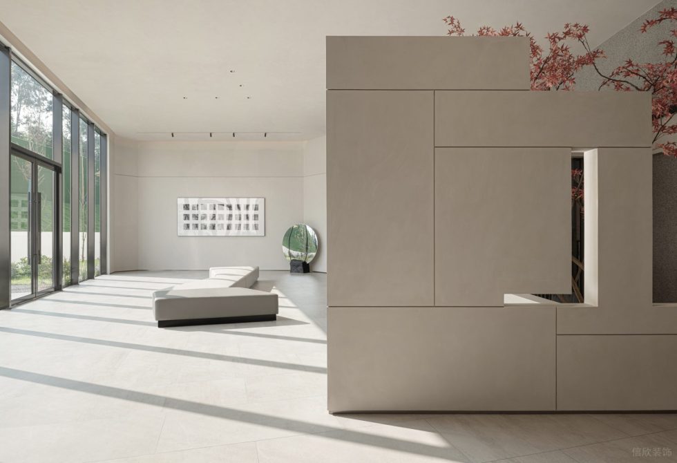 現(xiàn)代原木風(fēng)展示中心裝修設(shè)計 白色石膏板格擋墻