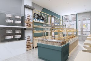 深圳福田下沙面包店藍(lán)色墻面藍(lán)色展柜裝修設(shè)計(jì)