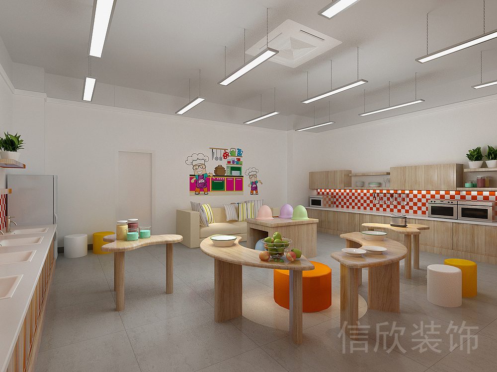 橙紅楓木簡約風(fēng)兒童卡通烘焙DIY培訓(xùn)機(jī)構(gòu)教室廚房區(qū)裝修設(shè)計(jì)