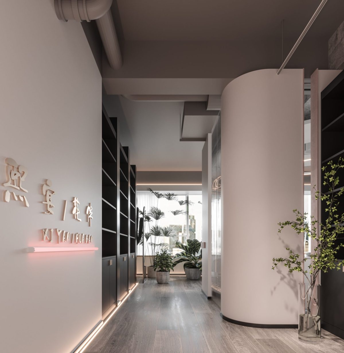灰色墻漆天花板設(shè)計灰色原木地板裝修辦公室大廳效果圖